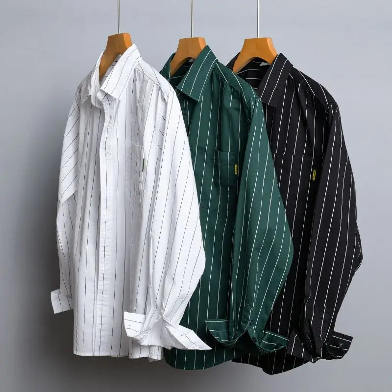 Polo Neck Striped Plus Size High Street Blouse Men's Spring Autumn Ong Sleeve Loose Fashion Shirt Tops Trend Korean Men Clothing
