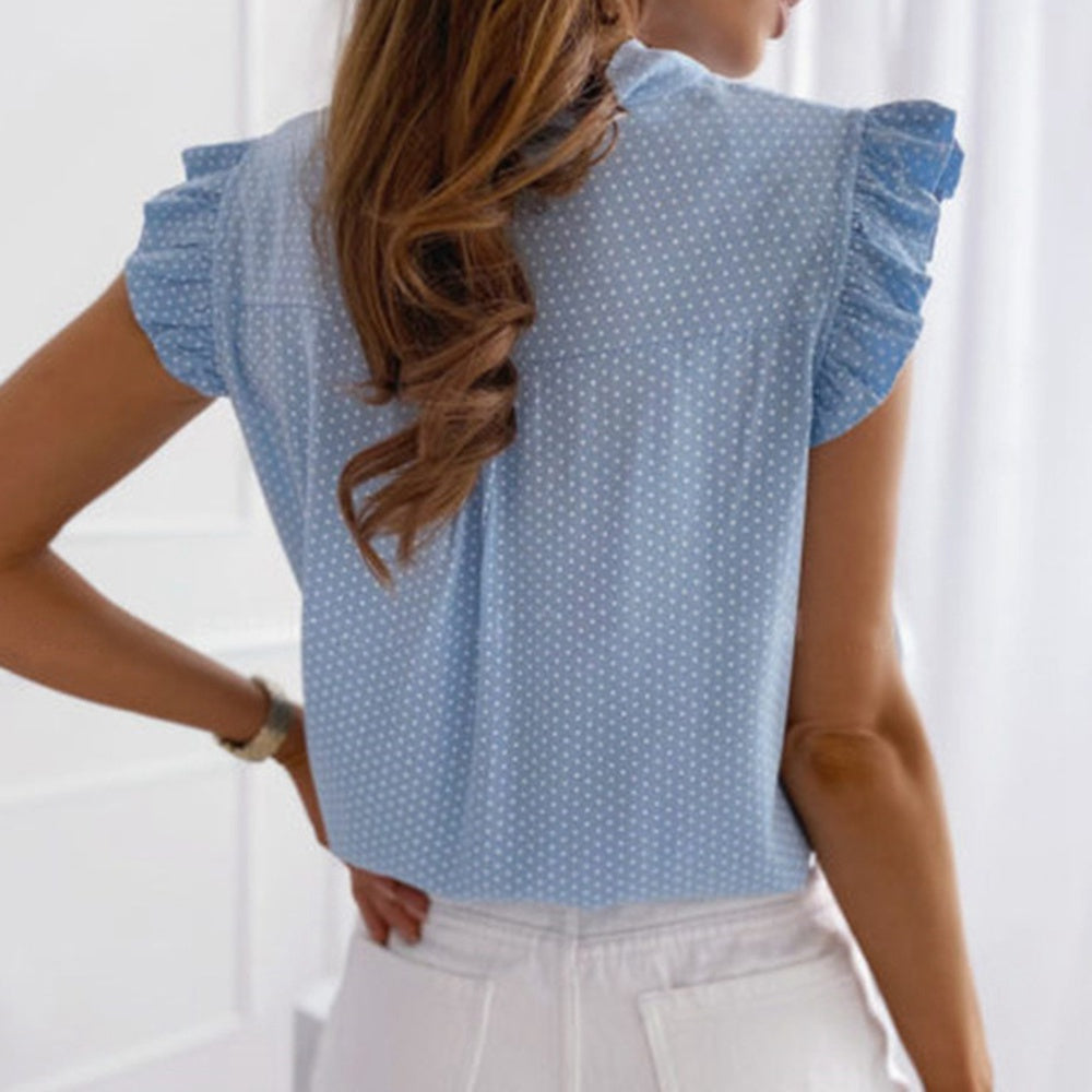 Women Blouses Butterfly Short Sleeves Shirt Summer Bow Lace Up Polka Dot Female Tops Ruffle Pullover Vintage Blusa