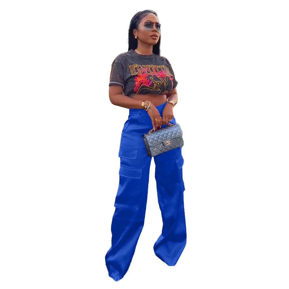 Women Pants Spring Summer Casual Satin Stretch High Waist Cargo Pants With Pocket Streetwear Solid Wide Leg Pants Flare Trouser