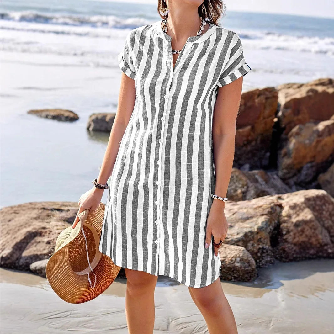 Women's Fashion Summer Shirt Dress Elegant Casual Striped Stand Collar Front Button Loose Short Sleeves Dresses