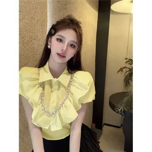 White Women Blouses 2025 Blusas Mujer De Moda Puff Sleeve Slim Fit Heavy Diamond Crop Tops Ruffles Sweet Summer Blouse Shirts