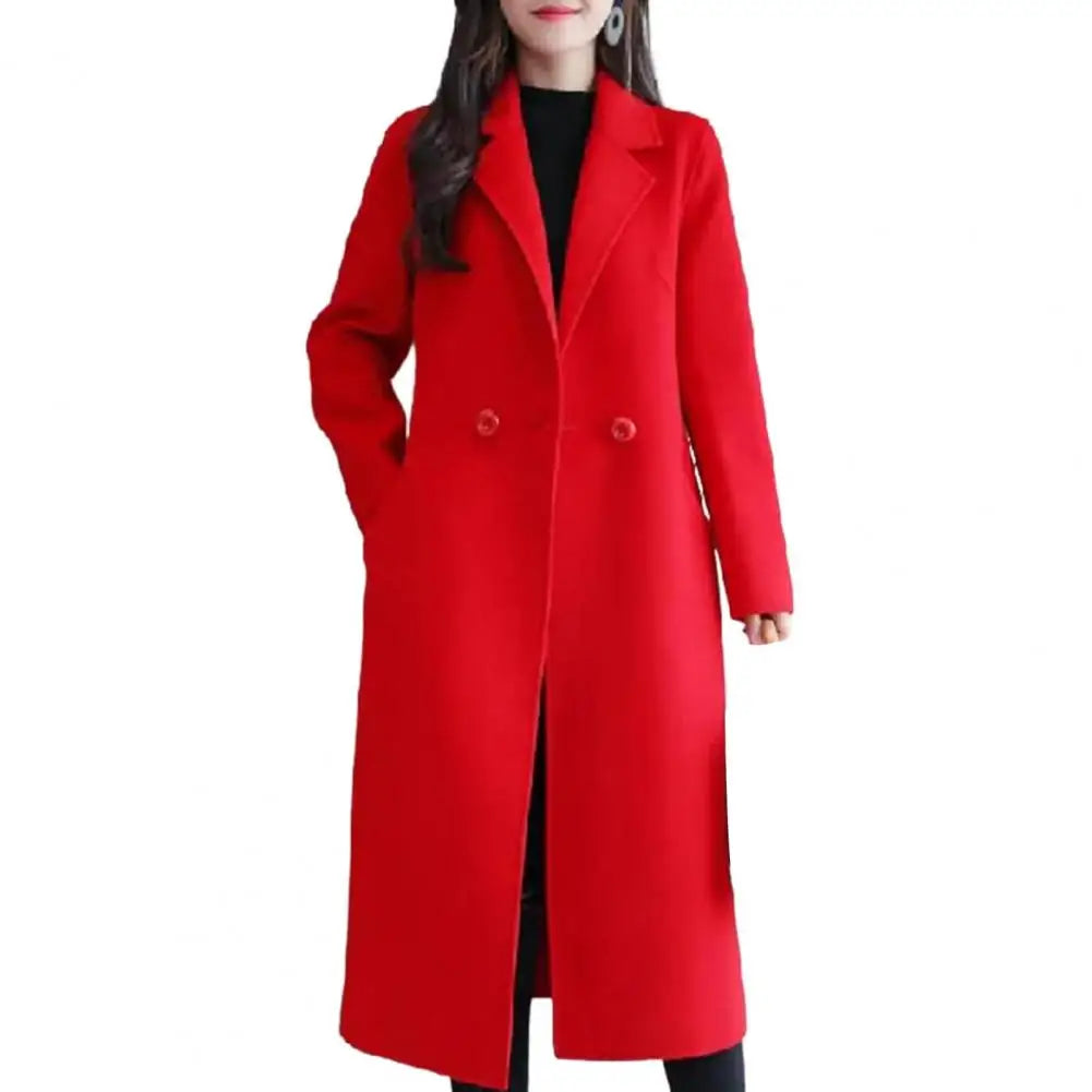 Women Woolen Coat Elegant Lapel Woolen Coat with Two Buttons Pockets for Women Stylish Mid-length Cardigan Outwear for Autumn