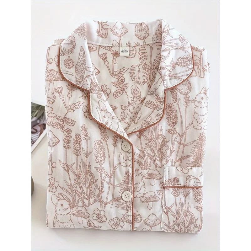 Womens Pajama Set 100 Cotton Gauze Sleepwear Long Sleeve Loose Fit Two Piece Set Comfortable Breathable Nightwear Loungewear