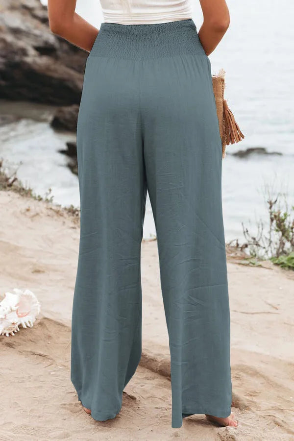 Women's casual pants with drawstring, mid waist, beach wide leg, spring and summer, European and American pants
