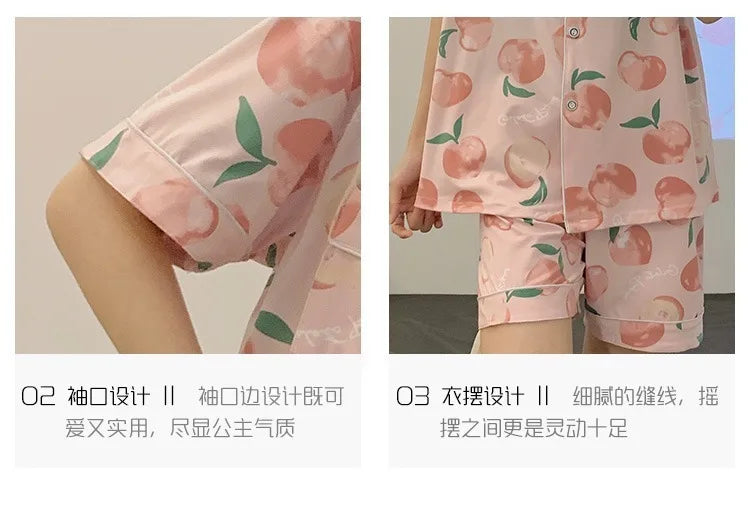 Women's Summer Three-Piece Pajama Set: Cute Teenage Student Short-Sleeved Long Pants Casual Korean-Style Pajamas Underwear
