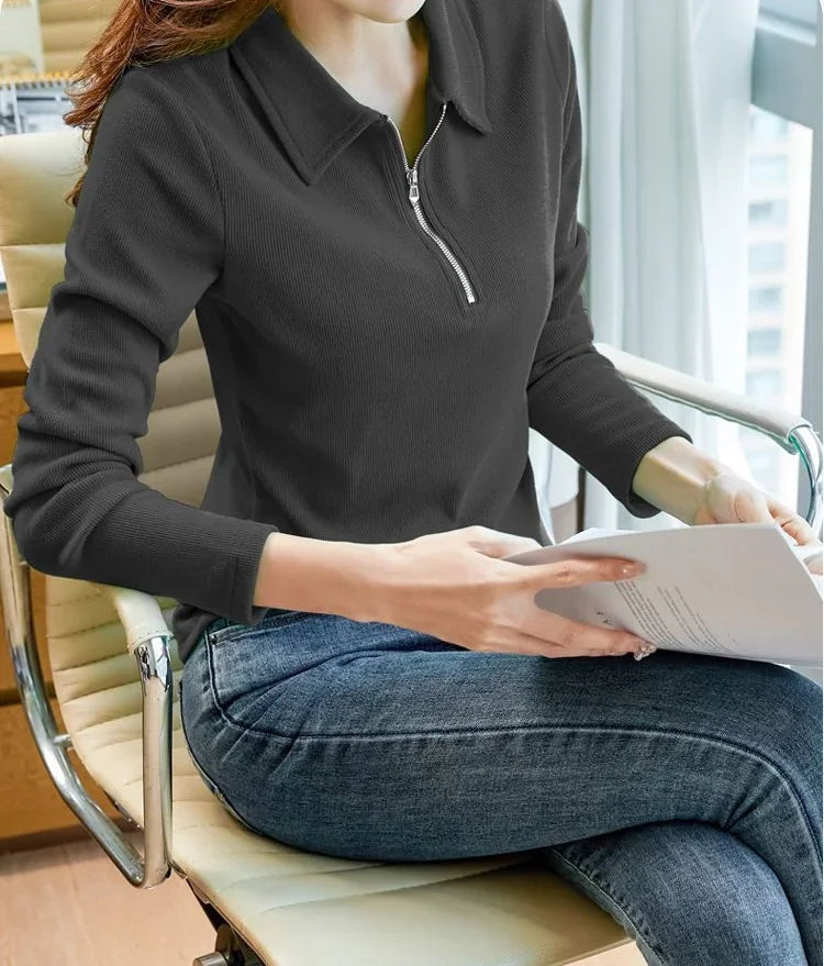 Polo Neck T Shirt for Women Long Sleeve Woman Tshirt Autumn Winter Slim Shirts Youthful Elegant Clothing Trend 2025 Polyester In