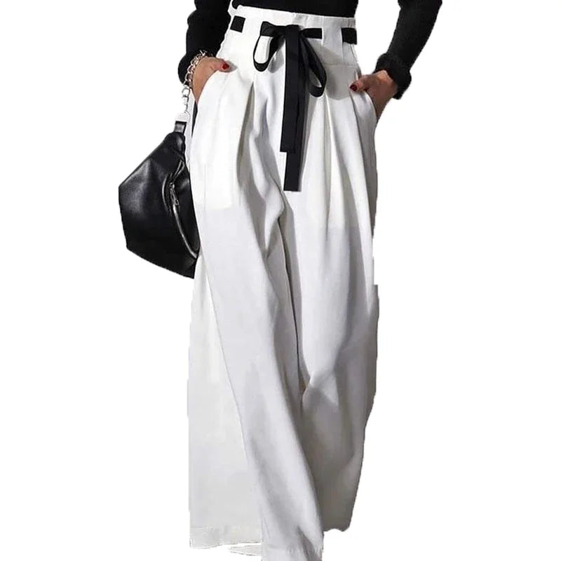 Women's White Pants New Fashion Solid Color Pockets Pleated Drawstring High Waisted Wide Leg Loose Casual Trousers