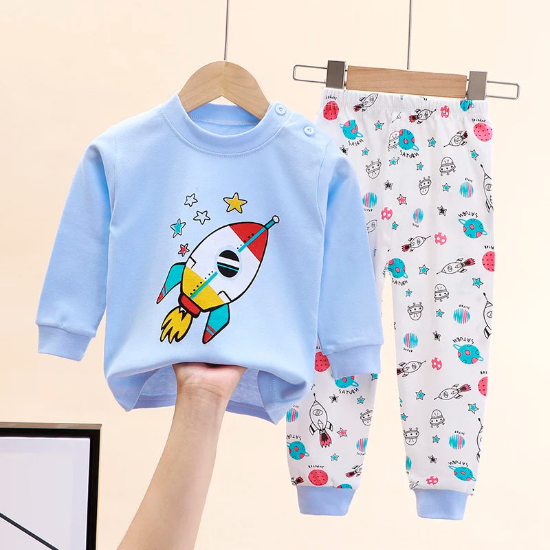 Boy Girl Pajama Set Cartoon Unicorn Long Sleeve Underwear Elastic Waist Pants Outfits for Kids Clothes Autumn Spring DS39