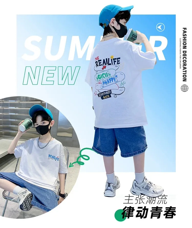 Summer Kids Clothes Streetwear Fashion English Skateboard Print T Shirt 100%Cotton Tops Tees Children Short Sleeve Boys Clothes