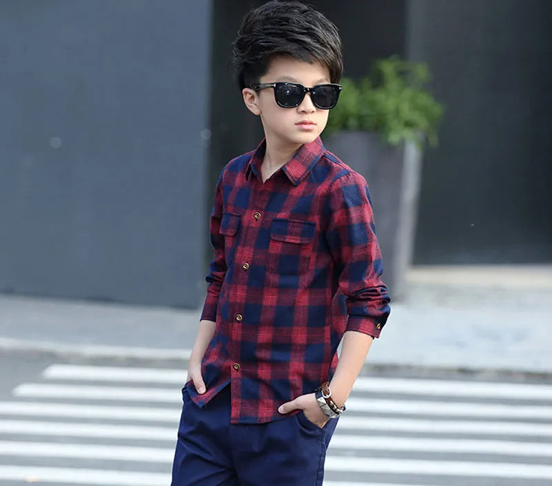 Boys Shirts Fashion Children Plaid Shirts Cotton Long Sleeve Boys Tops Shirt Teenage Kids Boys Clothes 5 6 8 9 10 12 14 15 Years