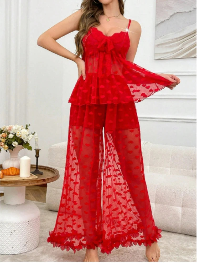 Sexy Ladies Pajama Set 2-piece Lace Heart Transparent Strappy Bra and Long Pants Petal Lace Lingerie Set Sexy Sleepwear
