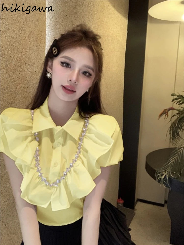White Women Blouses 2025 Blusas Mujer De Moda Puff Sleeve Slim Fit Heavy Diamond Crop Tops Ruffles Sweet Summer Blouse Shirts