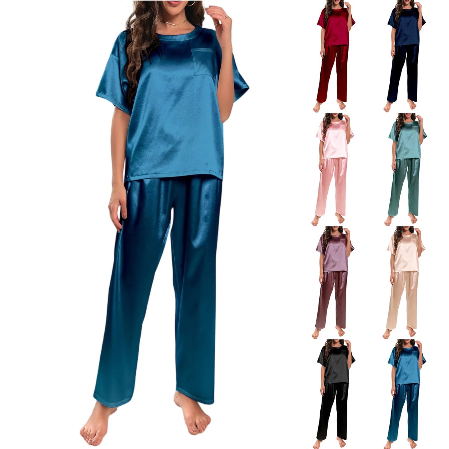 High Quality Casual Ice Silk Loose Pajamas Set Short Sleeved Long Pants Comfortable Pajama Set Daily Home Clothes Pajama Set