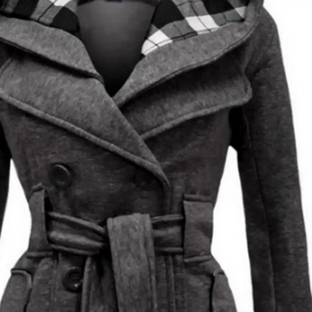 British Style Women Woolen Coat with Belt 2025 Double-Breasted Winter Coat Women's Jacket Double Neckline Plaid Hooded Overcoat