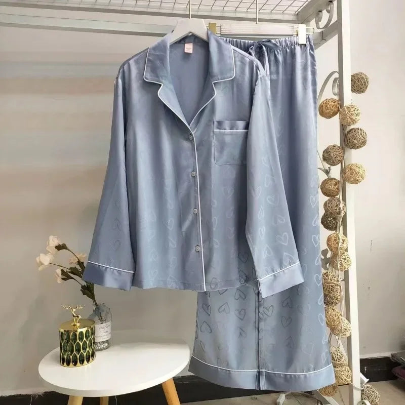 2 Piece Summer Women's Pajamas Sets Satin Silk Thin Pyjama Pijama Mujer Striped Sleepwear Long Sleeve Pants Loungewear Homewear