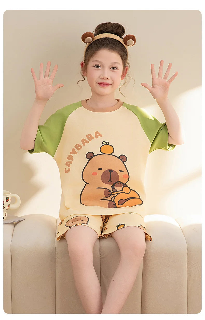 Capybara Pajama Sets 2025 Summer Teen Girls Cartoon Short Sleeved Tops Shorts 2pcs Kids Sleepwear Children Nightgown Loungewear