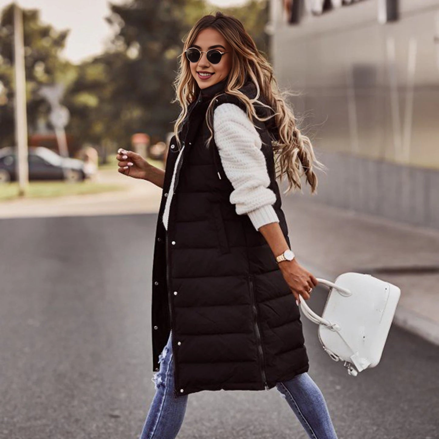 Women's Long Coat Vest With Hood Autumn Winter Sleeveless Warm Cotton Down Coat Waistcoat Quilted Vest Down Jacket Outwear 2XL