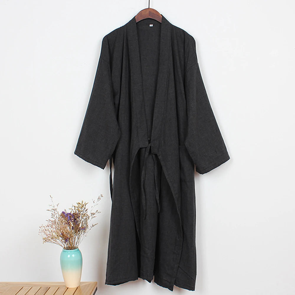 Fashion Japanese Style Kimono Robe Solid Color Lace Up Long Bathrobe Pajamas Belt Cotton Home Pijama Robes Clothing For Men