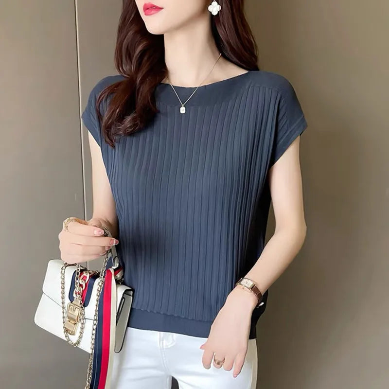 2025 New Spring Autumn Fashion Straight Neck Knitted Sweater Short Sleeve Women Solid Color Simple Casual Tops Fema