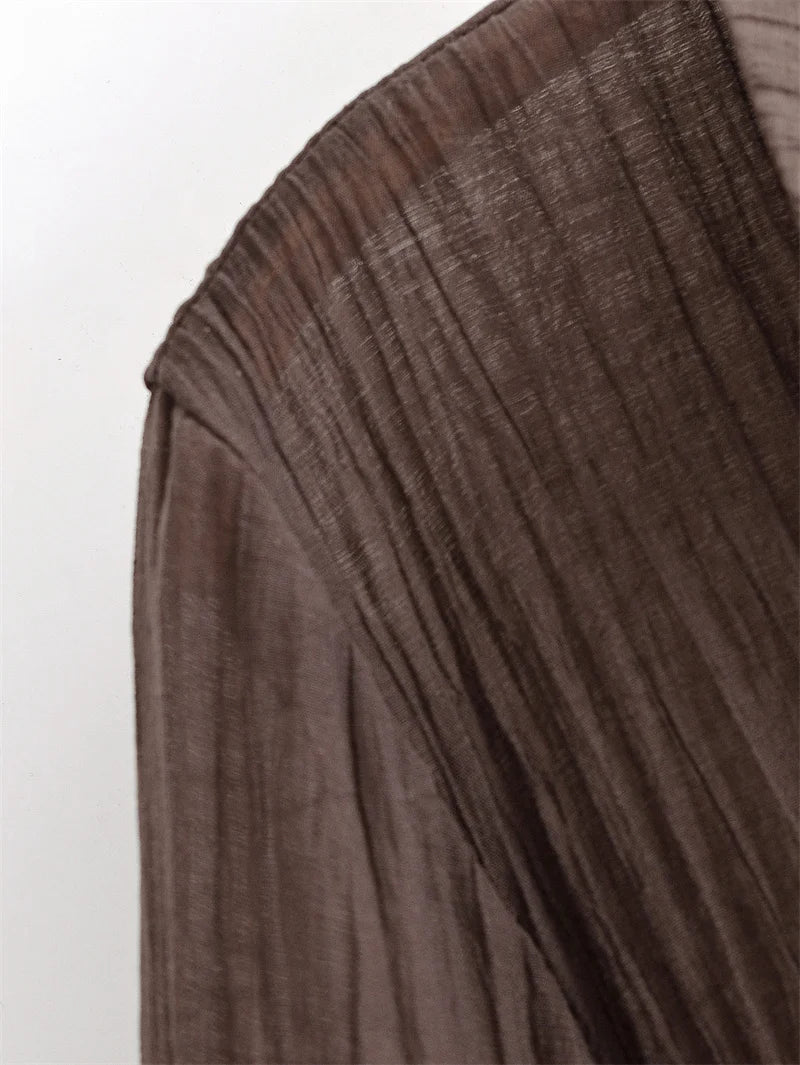 Women's Blouse New Summer 2025 Brown Long Sleeve Translucent Shirt Bow Decoration Sexy and Fashionable Personality and Versatile