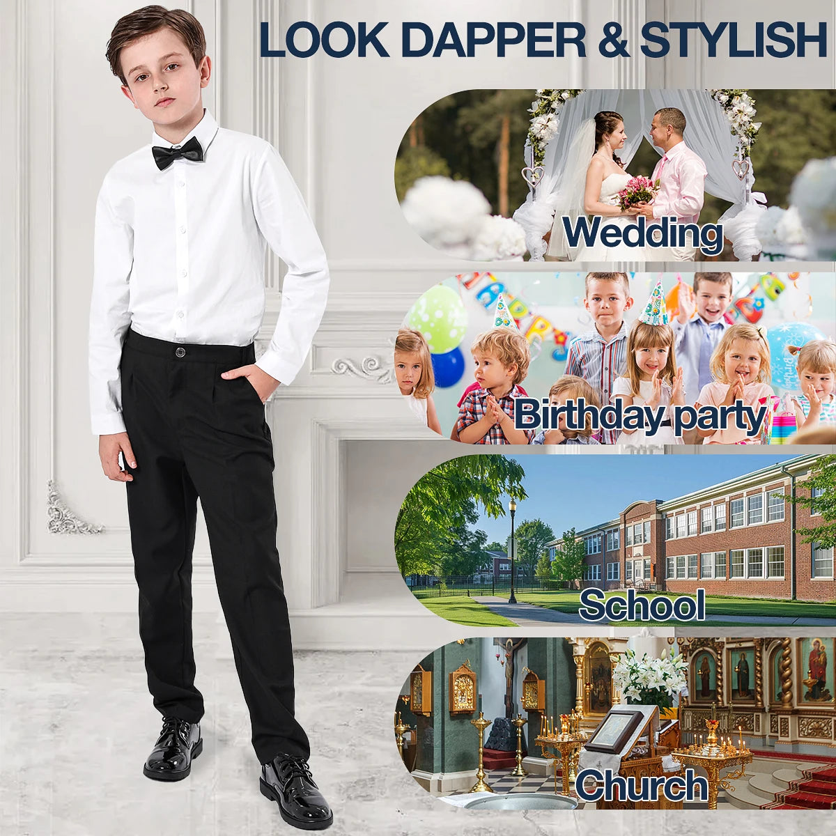 Boys Dress Shirt Kids School Uniform Long Sleeve with Bowtie Formal Gentleman Gift Perform Ceremony Clothes White 6 to 14 years