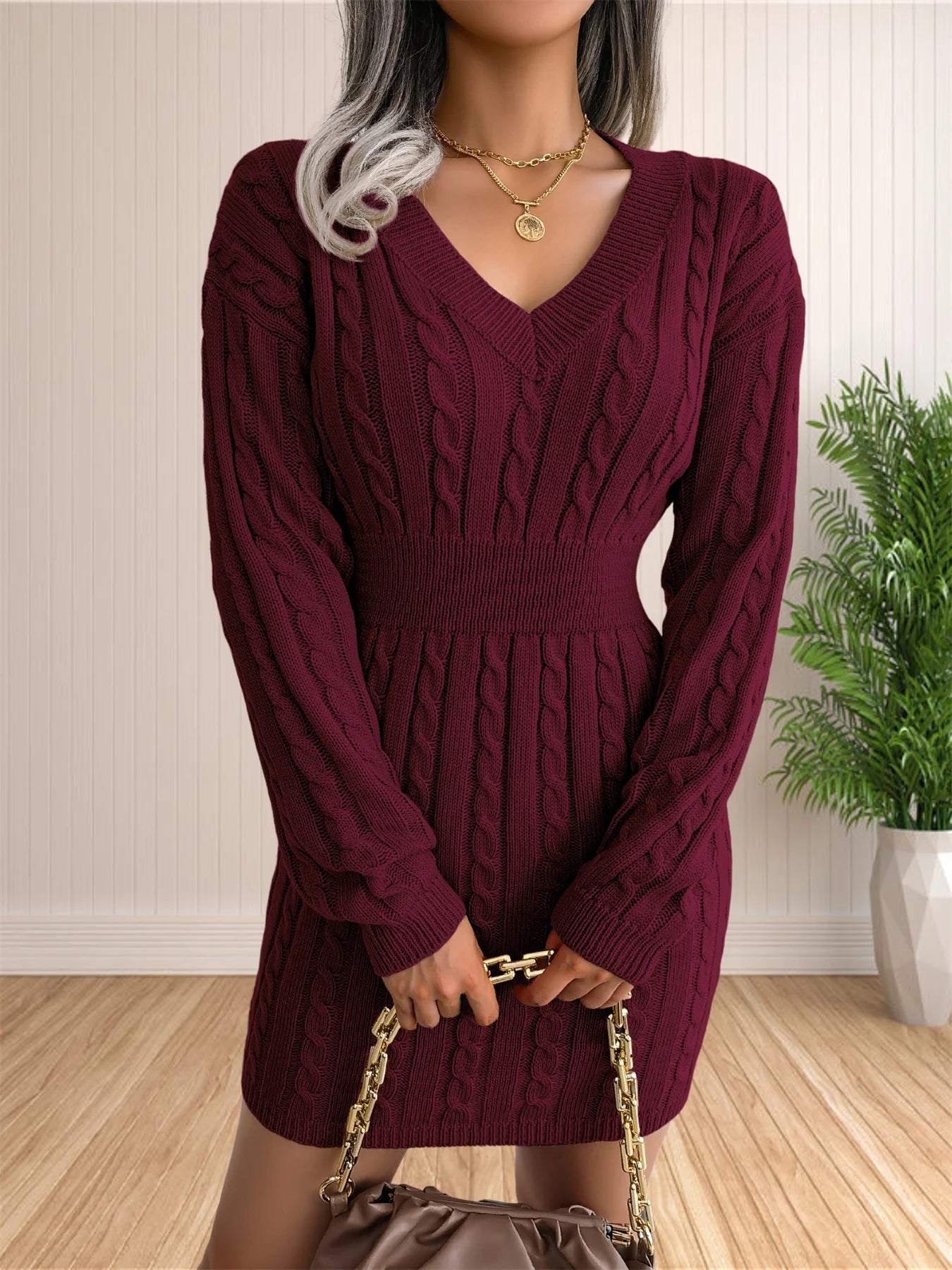 Women Sweater Dresses Cocktail V Neck Knitted Dress Sweater Sheath Dress
