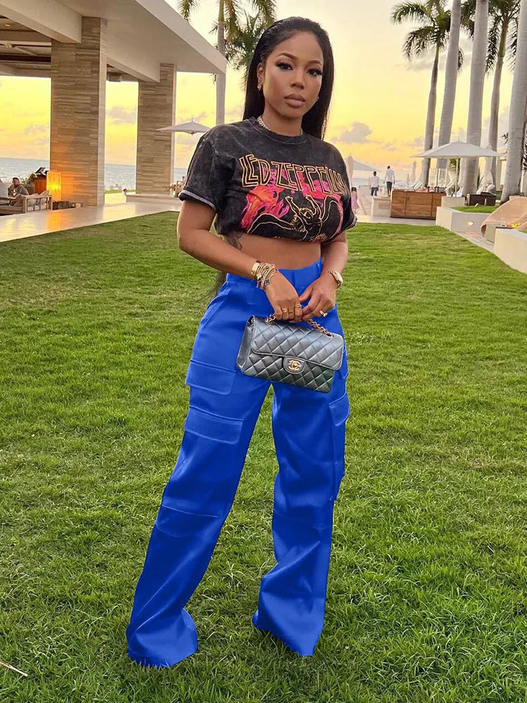 Women Pants Spring Summer Casual Satin Stretch High Waist Cargo Pants With Pocket Streetwear Solid Wide Leg Pants Flare Trouser