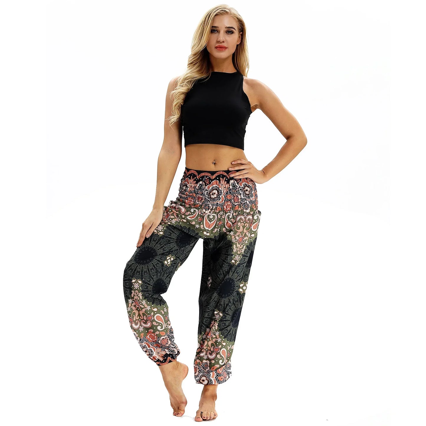 Women Yoga Pant Indian Nepal Loose Comfy Trousers Multicolor Bohemia Geometric Floral Print Wide Leg Pants Bloomers For Women