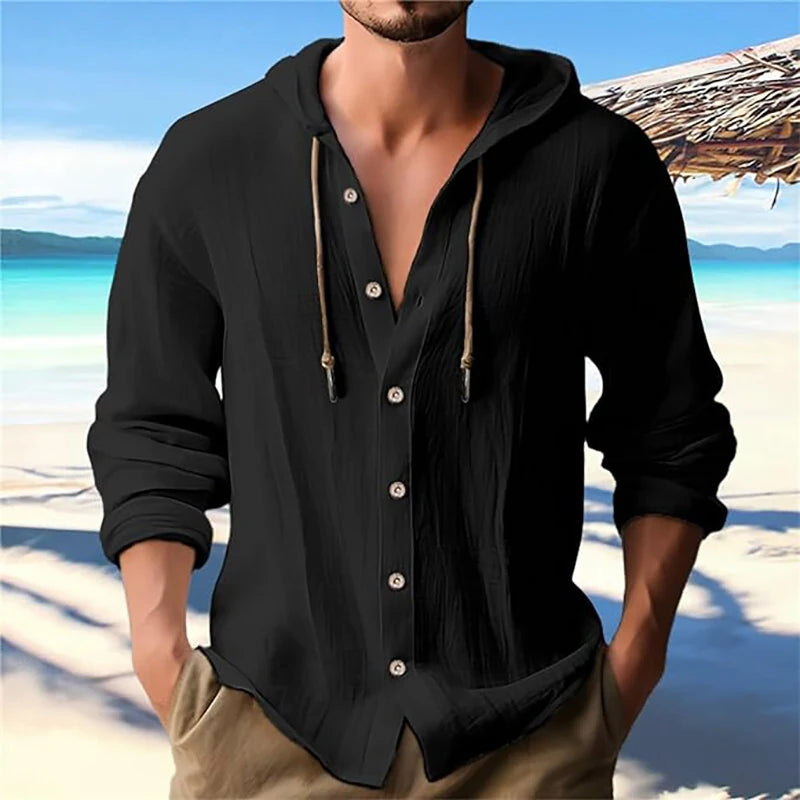 Summer Men's Cotton Linen Shirt Solid Streetwear Long Sleeve Hoodie Clothing For Men Button Tops Casual Loose Men Hooded Shirt