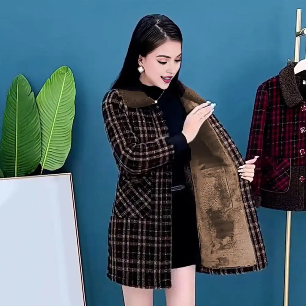 Women Plaid Coat Checkered Winter Mother Jacket Pockets Turn-down Collar Single-breasted Mid Length Overcoat Mid-aged Women Coat