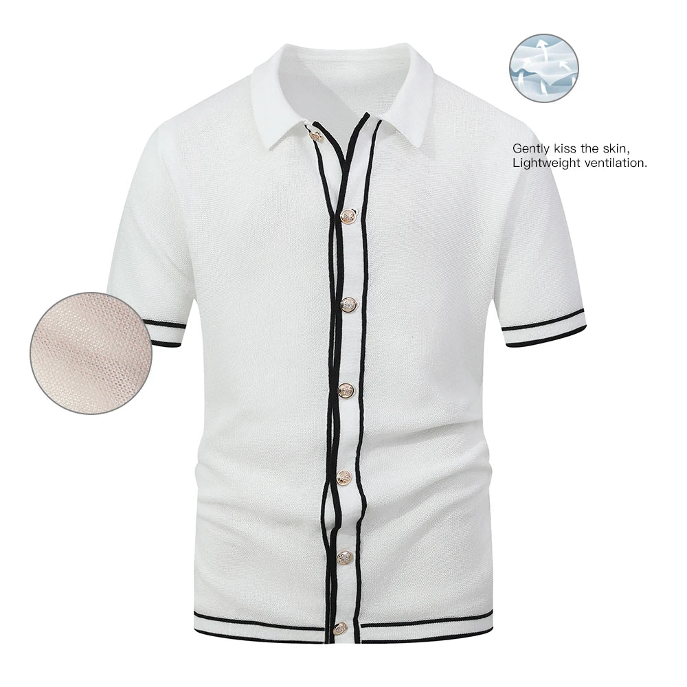 Men's Polo Shirts 2025 Summer Mens Retro Knit Lapel Striped Brand Fashion Short-Sleeved Breathable Casual Slim Tops Men US Size