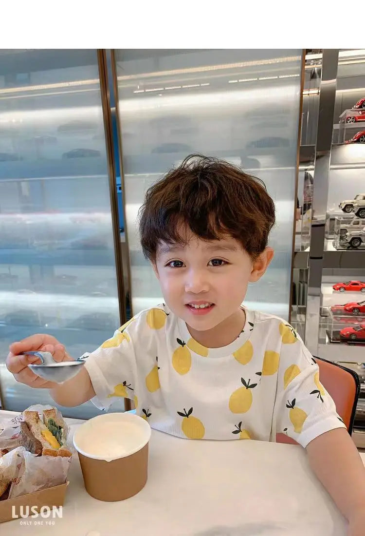 Summer Home Clothes Air-conditioned Clothes Boys and Girls Ice Silk Fabric Loose Short Sleeved Shorts Two-piece Set of Pajamas
