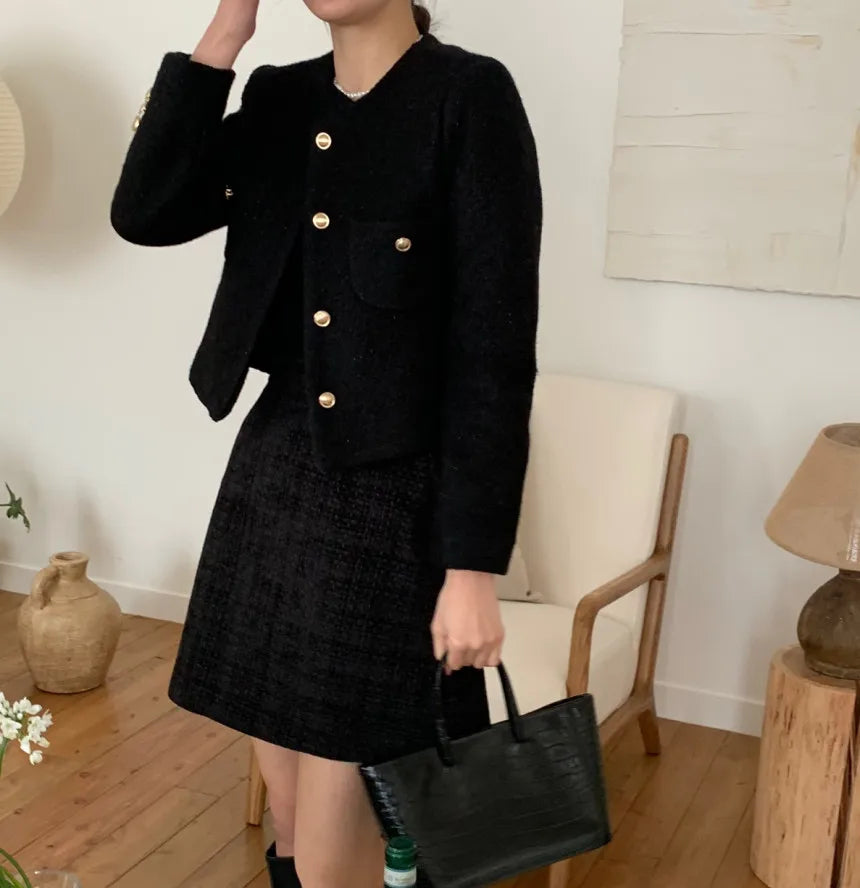 Women Autumn Winter 2025 French Vintage Coat Temperament High Quality Korean Casual Single Breasted Slim Tweed Jackets