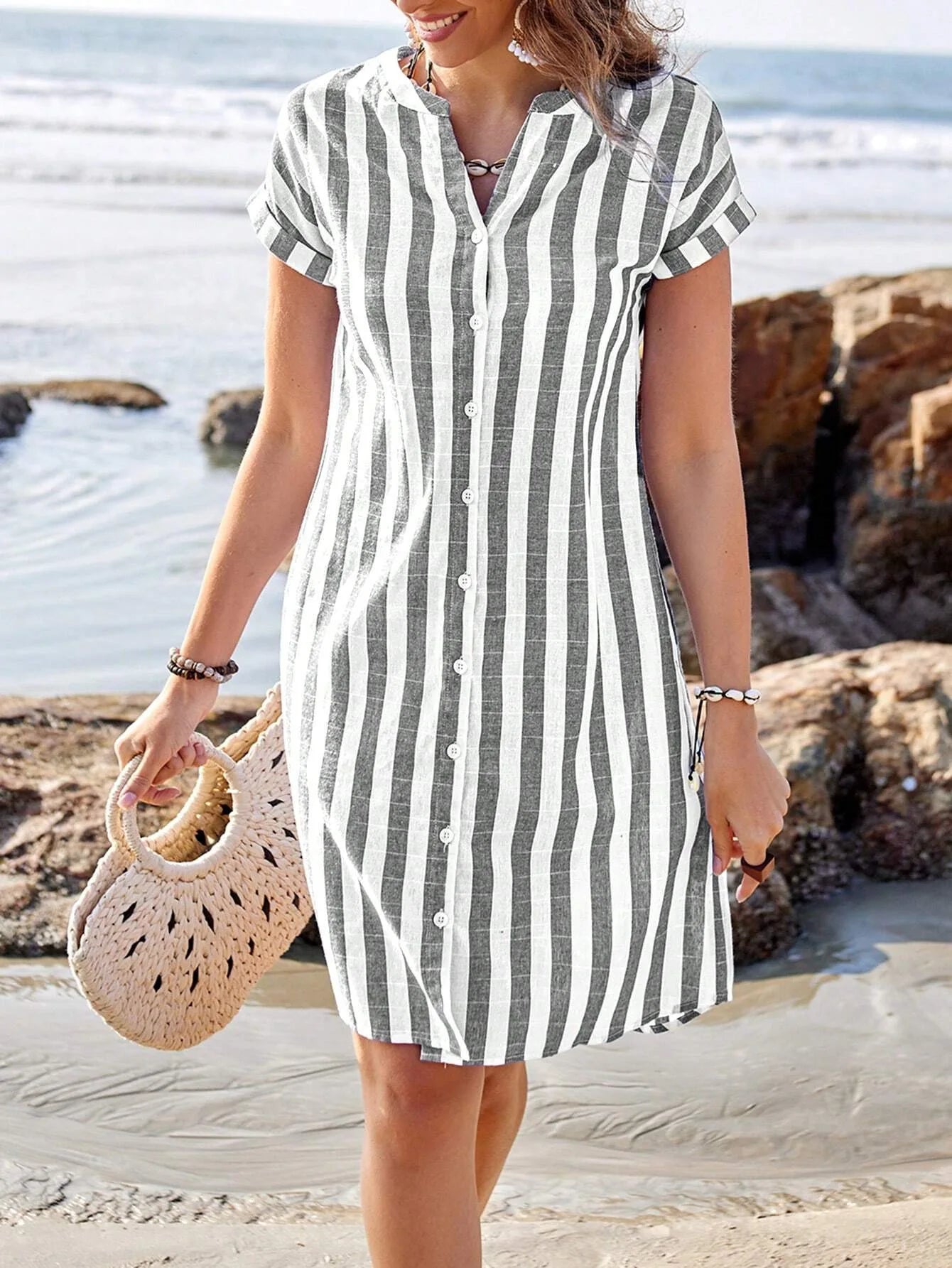 Women's Fashion Summer Shirt Dress Elegant Casual Striped Stand Collar Front Button Loose Short Sleeves Dresses
