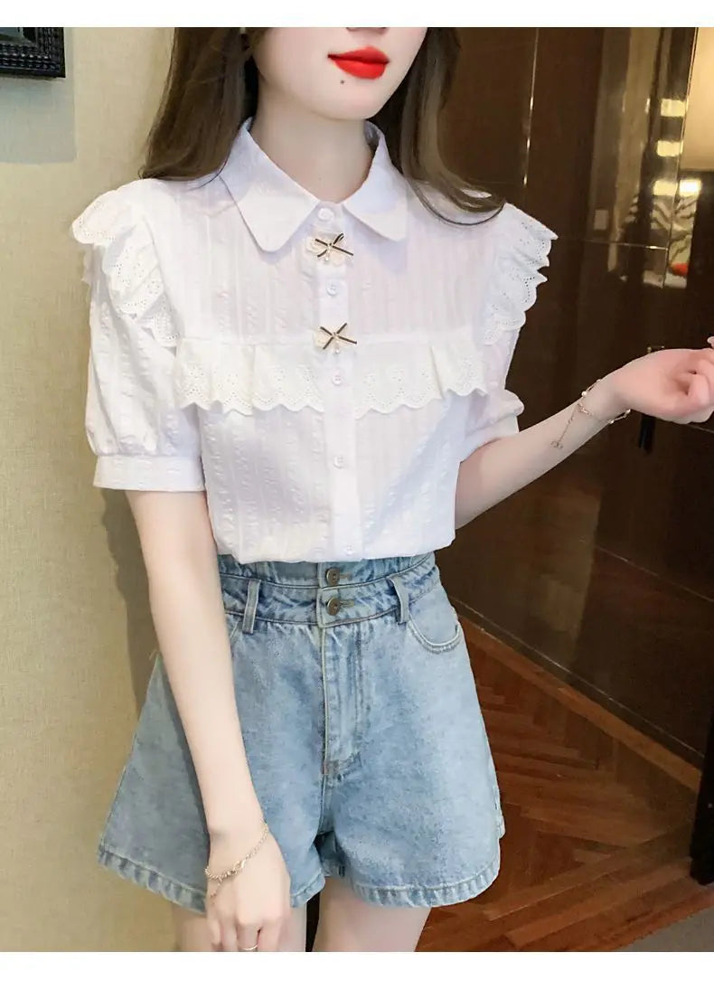 Summer Dress Women's Shirt T-Shirt New Women's Shirt Cotton Shirt Women's Foreign Design Sense Niche Short Sleeve Lace Top