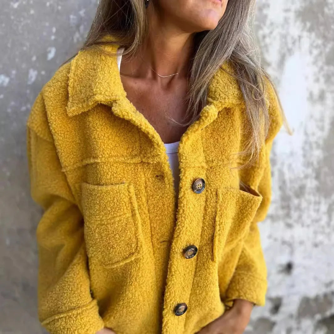 Lamb Wool Coat Women Autumn Winter Outerwear Warm Short Jacket Single Breasted Turn Down Collar Pockets Office Lady Overcoat