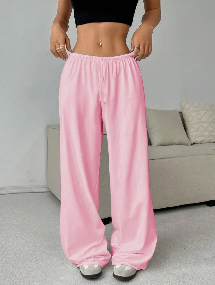 Women's Pants 2024 Spring Fashion Solid Color Low Waisted Casual Elastic Waisted Lace Up Wide Leg Daily Sports Pants