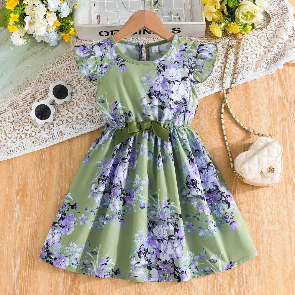 Girls' Dress, Full Flower Print Dress,O-neck Casual Dress, Waist Dress with Bow Decoration, Suitable for Girls' Dresses Aged 2-7