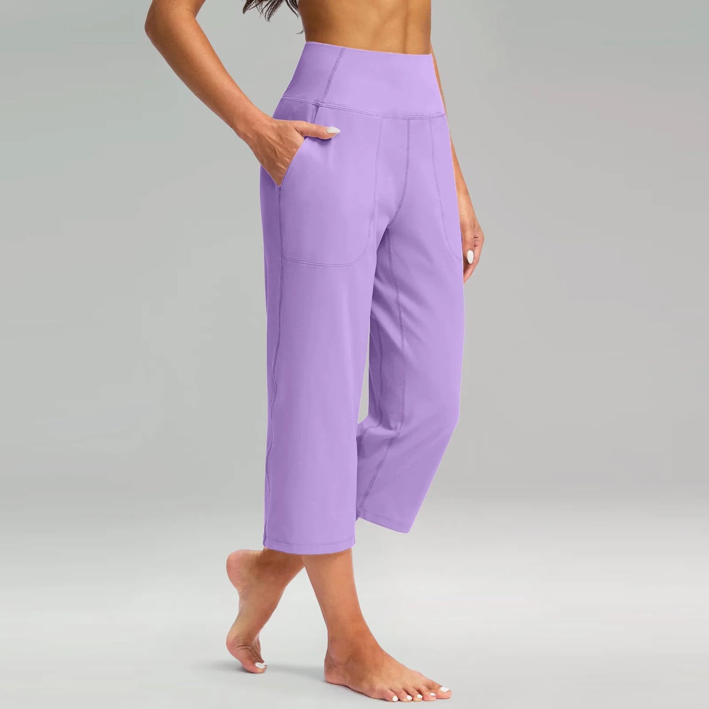 Casual straight sweatpants for women Elastic High Waist 3/4 Pants Sports Capris Leg Pants With Pockets Comfortable Trousers