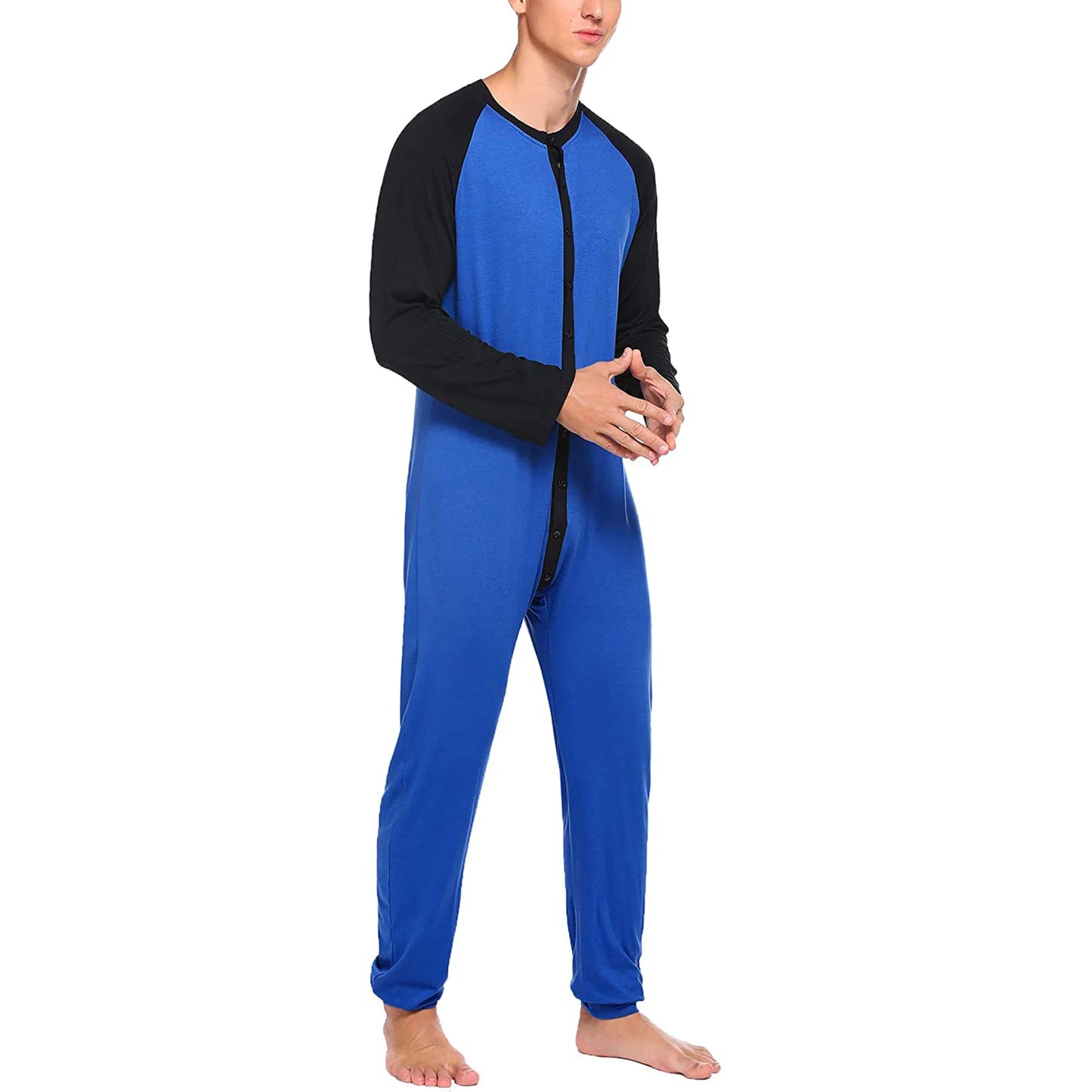 Men s Button Down s Pajama Long Sleeve Round Neck Color Block Jumpsuit Nightwear For Adults