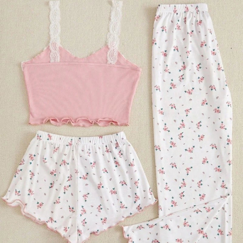 Women's Pink Cami Pajama Set Floral Print Wide Leg Pants Lace Trim Ribbed Sleepwear Soft Comfortable Pj Set New Trendy Fashion