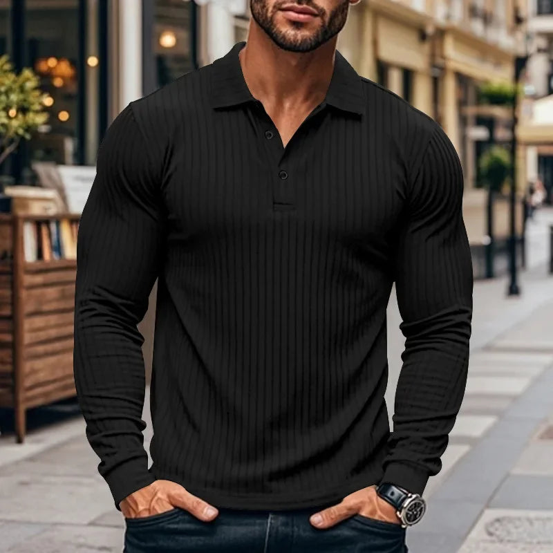 Business Striped Polo Shirt Men 2025 Autumn Men's American Lapel Tops Button-up Long-sleeve T-shirt Elastic Stripe Polo Shirts