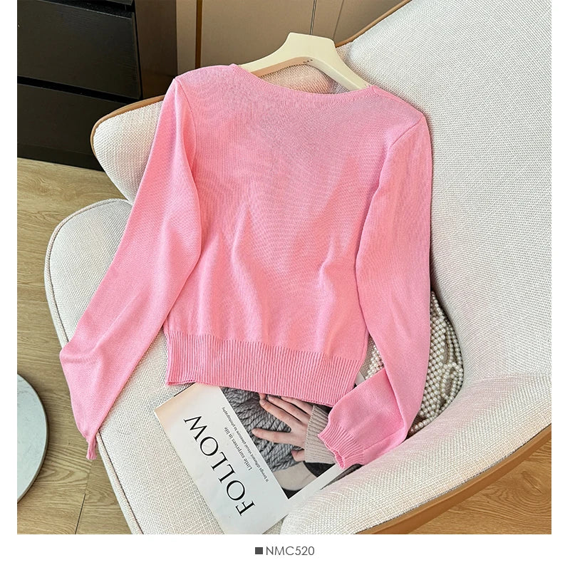 Women Bow Cute Knitted Crop Tops Long Sleeve Square Collar Slim Black Pullover Sweater Female 2025 Autumn And Winter