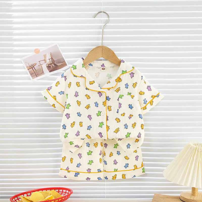 Boys Girls Pajama Baby Capris Suit Clothes SummerThin Cotton Short Sleeve Homewear Children Family Outfits Tops+Pants 2PC 2-10T