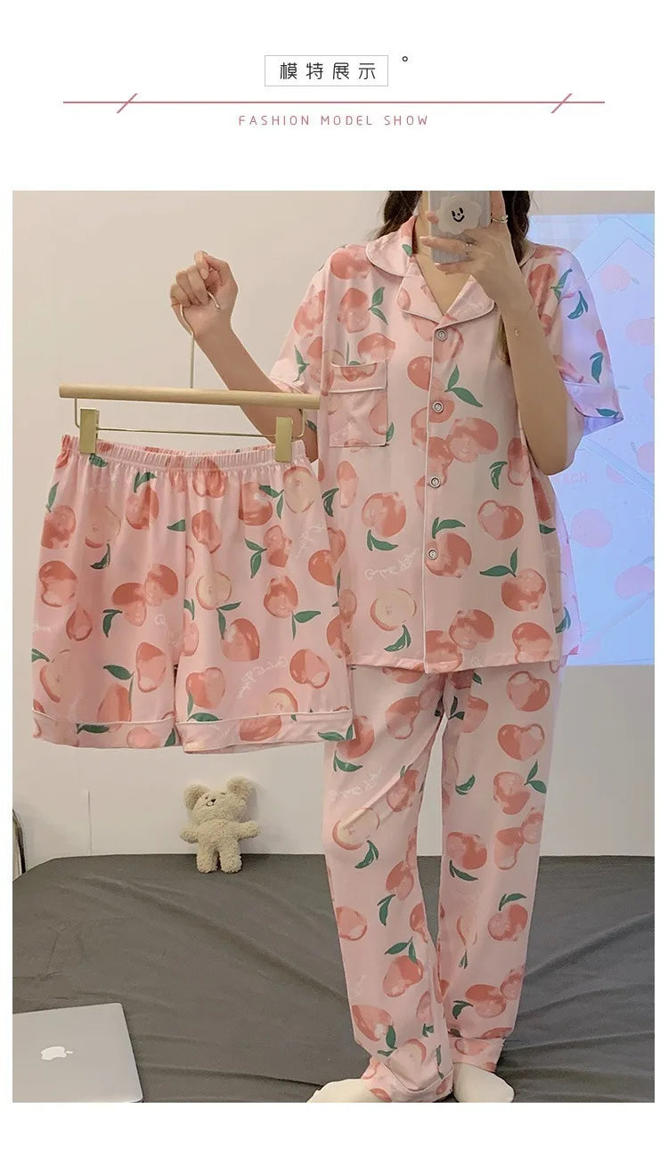 Women's Summer Three-Piece Pajama Set: Cute Teenage Student Short-Sleeved Long Pants Casual Korean-Style Pajamas Underwear