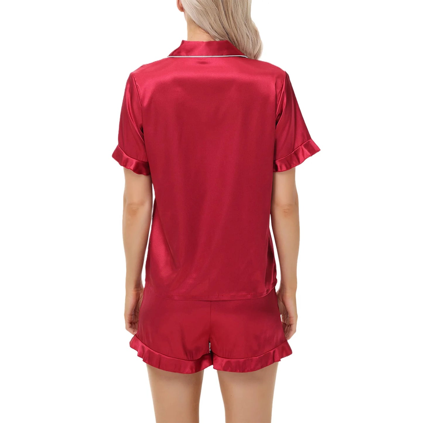 Luxurious Short Sleeve Satin Pajama Women Daily Home Wear Sleepwear Imitation Silk Lounge wear Button-Up Lapel Collar Nightwear