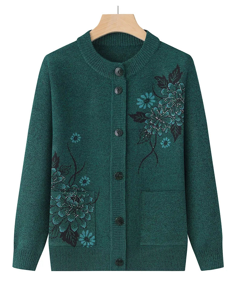 Korean Women's Clothes New Knit Woolen Printed Cardigan Coat Middle Aged Mother Knitwear Tops Vintage Grandma Sweater Jacket
