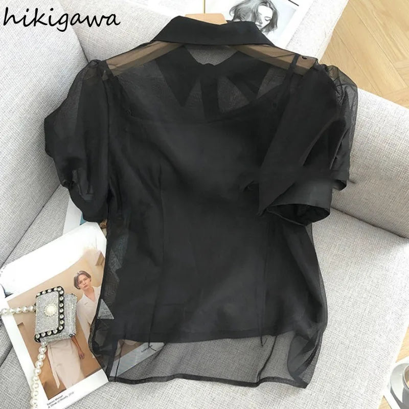 Black Blouse Women Clothing Puff Sleeve Turndown Collar Crop Tops 2025 Blusas Mujer De Moda Gauze See Through Sexy Shirts 7o132