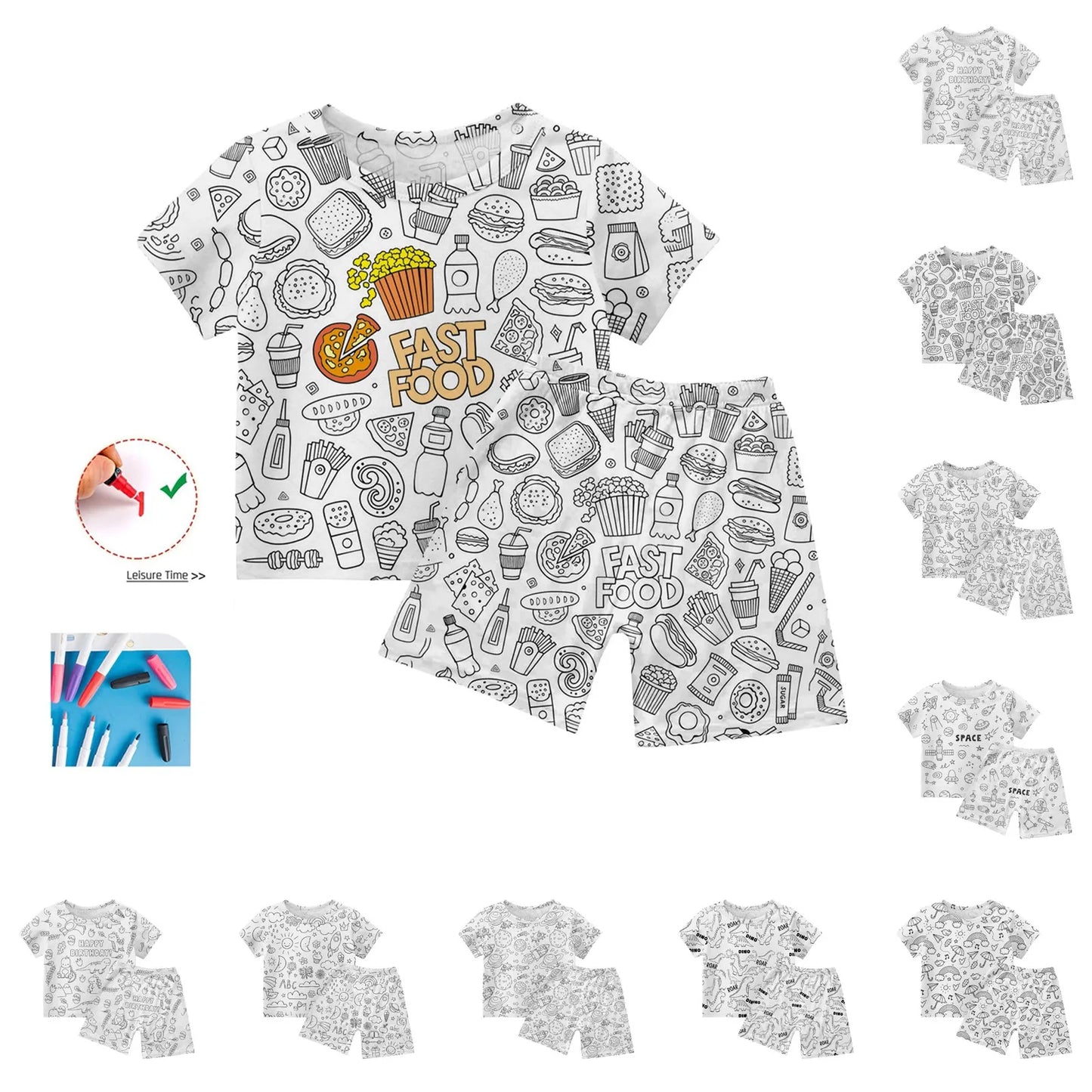 Children's Pajama Party DIY Graffiti Simple Drawing Home Clothes Colorable Two Piece Pajama Set Kids DIY Coloring Clothing