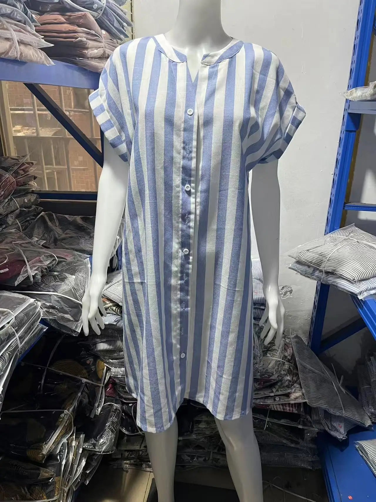 Women's Fashion Summer Shirt Dress Elegant Casual Striped Stand Collar Front Button Loose Short Sleeves Dresses